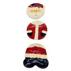 Set Of 3 Hand-Painted Ceramic Christmas-Themed Plates - Santa Face & Outfit READ